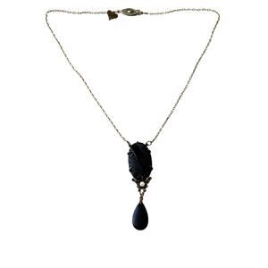 VTG Glass Works Studio Lariat Molded Glass Etched Black Pendant Necklace 16"